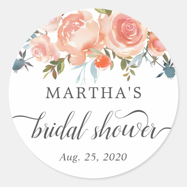 Rustic Peach Floral Bridal Shower Favour Sticker (Front)