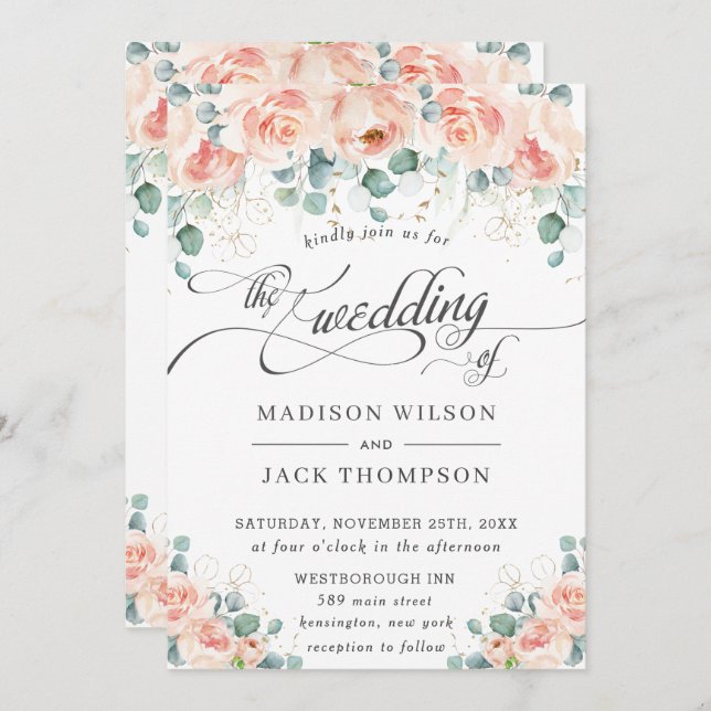 Rustic Peach Floral Calligraphy Greenery Wedding Invitation (Front/Back)