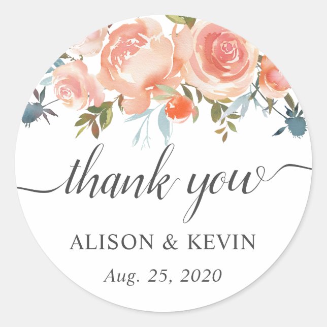 Rustic Peach Floral Calligraphy Script Thank You Classic Round Sticker (Front)