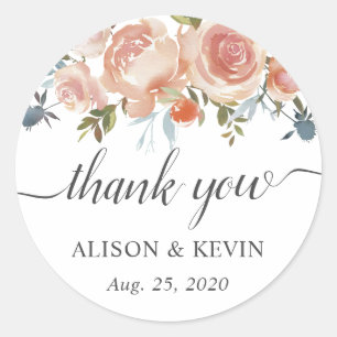 Rustic Peach Floral Calligraphy Script Thank You Classic Round Sticker
