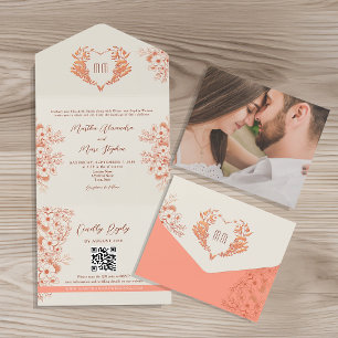 Rustic Peach Floral Heart Monogram Wedding All In One Invitation