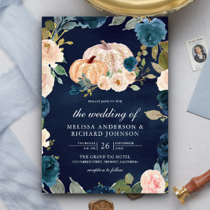 Rustic Peach Floral Pumpkin Navy Blue Wedding Invitation