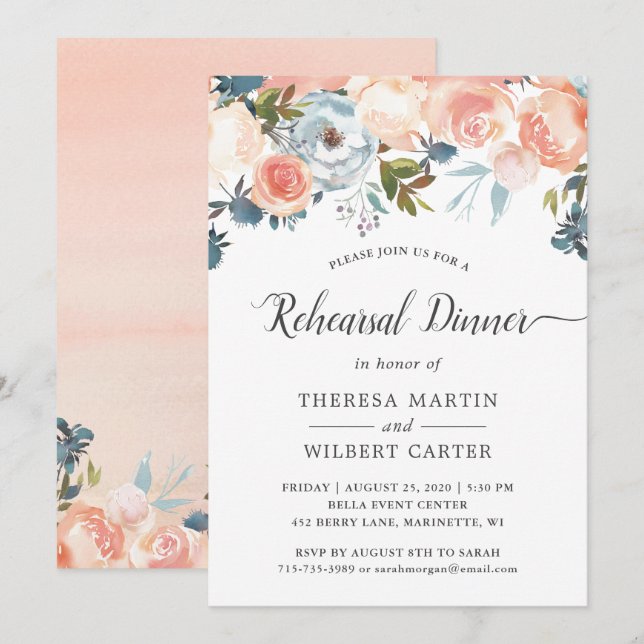Rustic Peach Floral Rehearsal Dinner Invitation (Front/Back)