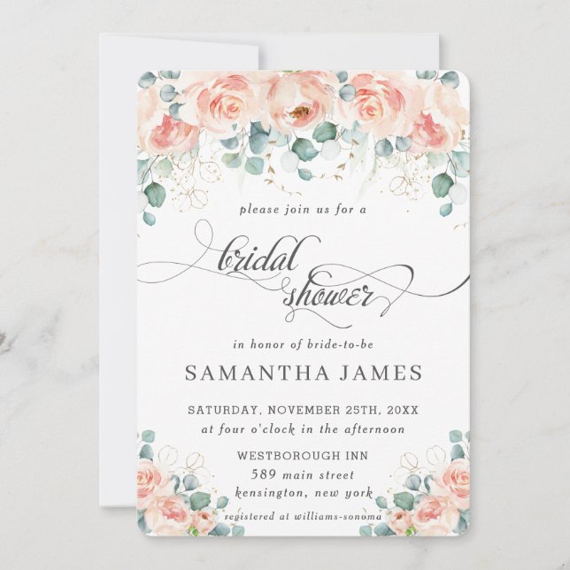 Rustic Peach Floral Roses Greenery Bridal Shower Invitation (Front)