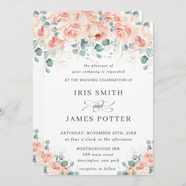 Rustic Peach Floral Roses Greenery Wedding Invitation (Front/Back)