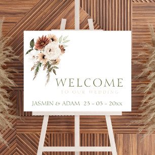 Rustic Peach Green Floral Wedding Welcome Sign