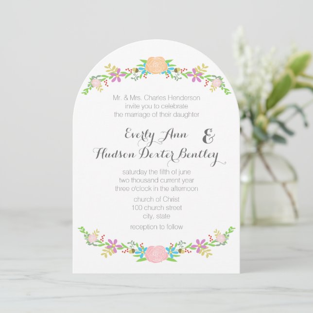 Rustic Peach Pink Aqua Die Cut Garland Wedding Invitation (Standing Front)