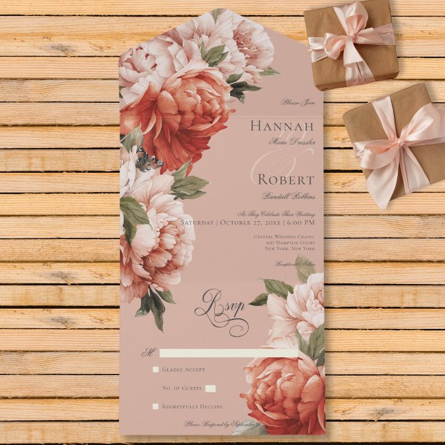 Rustic Peach & Rust Peonies on Peach No Dinner All In One Invitation (Creator Uploaded)