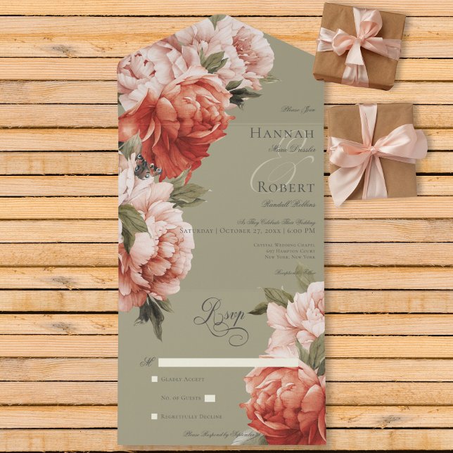 Rustic Peach & Rust Peonies on Sage No Dinner All In One Invitation (Creator Uploaded)