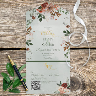 Rustic Peach Rust & Sage Green Floral QR Code All In One Invitation
