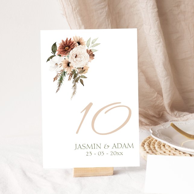 Rustic Peach Terracotta Greenery Floral Wedding Table Number (Elegant Peach Olive Green Floral Wedding Table Number)