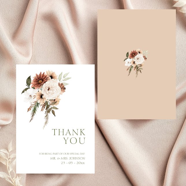 Rustic Peach Terracotta Greenery Floral Wedding Thank You Card (Elegant Peach Olive Green Floral Wedding Thank You Card)