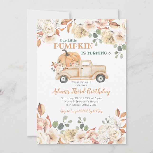 Rustic Peach Truck Pumpkin Is turning 3 Birthday Invitation (Front)