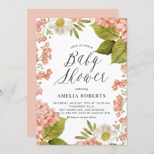 Rustic Peach Watercolor Hydrangeas Baby Shower Invitation