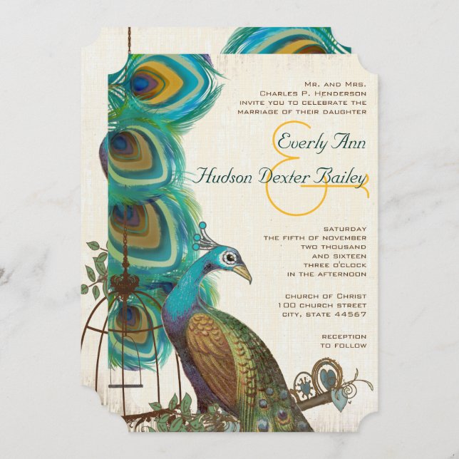 Rustic Peacock Bird Cage Feather Wedidng Invites (Front/Back)