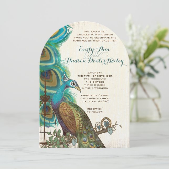 Rustic Peacock Birdcage Feather Wedding Invites (Standing Front)