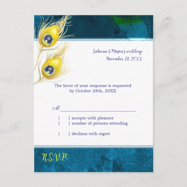 Rustic Peacock Blue Wedding RSVP Invitation Postcard (Front)