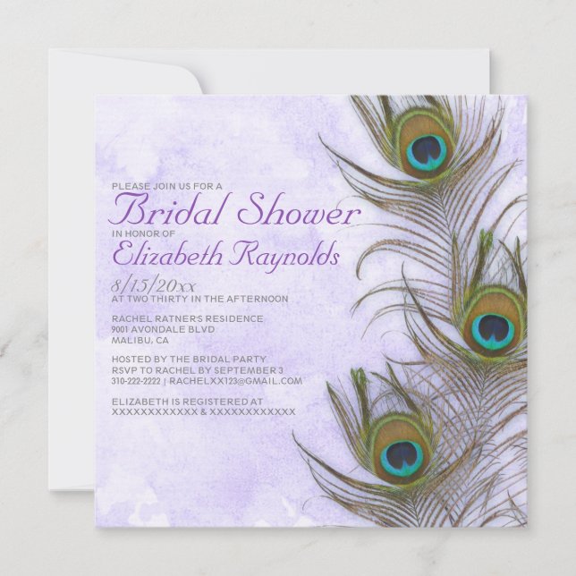 Rustic Peacock Feather Bridal Shower Invitations (Front)