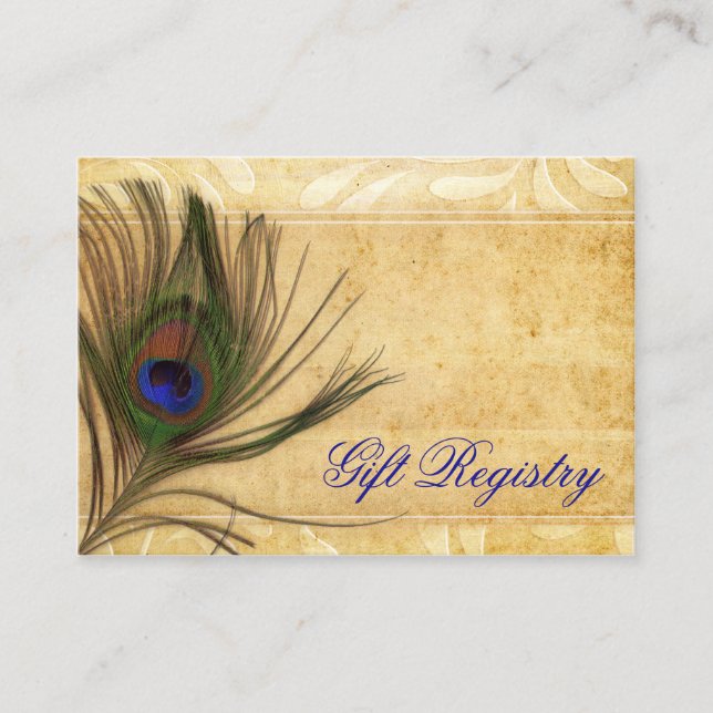 Rustic Peacock Feather wedding gift registry Enclosure Card (Front)