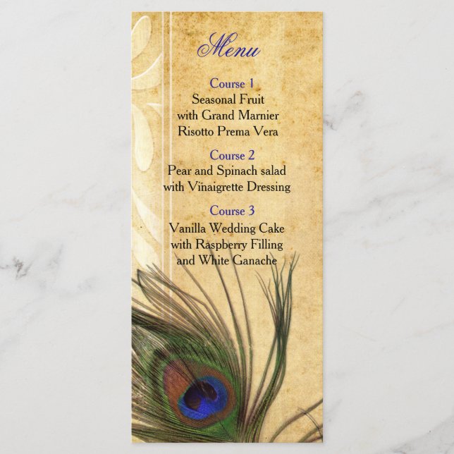 Rustic Peacock Feather wedding menu (Front)