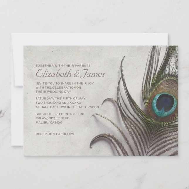 Rustic Peacock Feathers Wedding Invitations (Front)