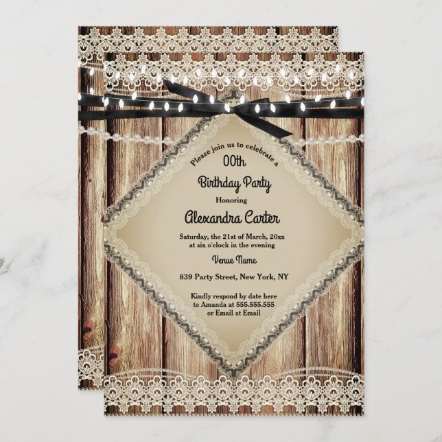Rustic Pearl Lace Barn Wood Black String Lights Invitation (Front/Back)