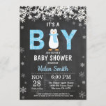 Rustic Penguin Winter Boy Baby Shower Invitation<br><div class="desc">Rustic Penguin Winter Boy Baby Shower Invitation. White Snowflake. Baby its cold outside Baby Shower invitation. Boy Baby Shower Invitation. Winter Holiday Baby Shower Invite. Chalkboard Background. Black and White. For further customisation,  please click the "Customise it" button and use our design tool to modify this template.</div>