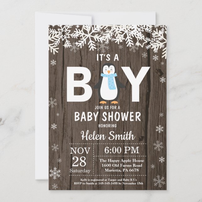 Rustic Penguin Winter Boy Baby Shower Invitation (Front)