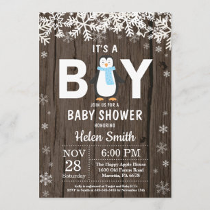 Rustic Penguin Winter Boy Baby Shower Invitation