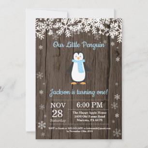 Rustic Penguin Winter Boy Birthday Invitation