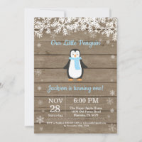 Rustic Penguin Winter Boy Birthday Invitation
