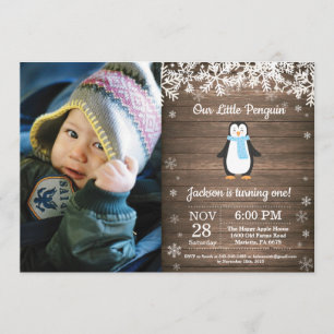Rustic Penguin Winter Boy Birthday Photo Invitation