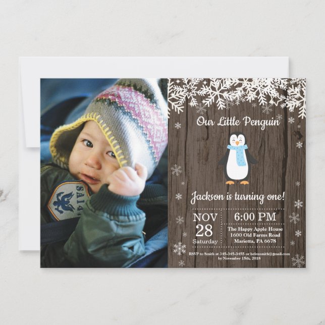 Rustic Penguin Winter Boy Birthday Photo Invitation (Front)