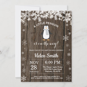 Rustic Penguin Winter Snowflake Baby Shower Invitation