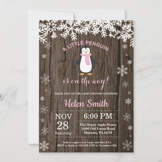 Rustic Penguin Winter Snowflake Girl Baby Shower Invitation (Front)