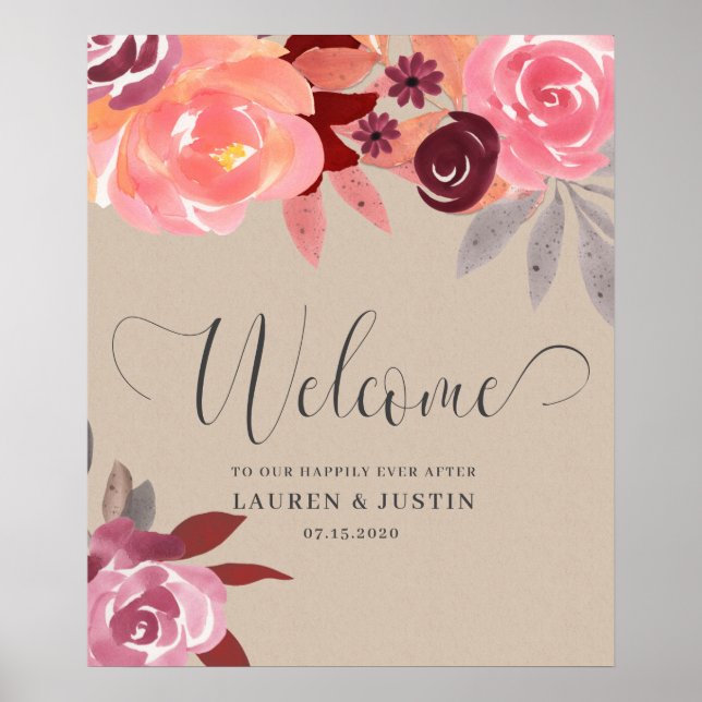 Rustic Peonies Elegant Script Wedding Welcome Poster (Front)
