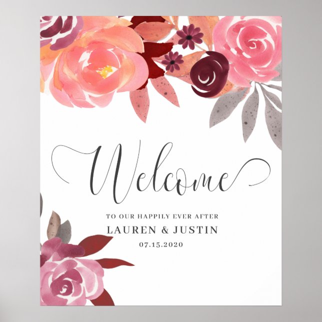 Rustic Peonies Elegant Script Wedding Welcome Poster (Front)