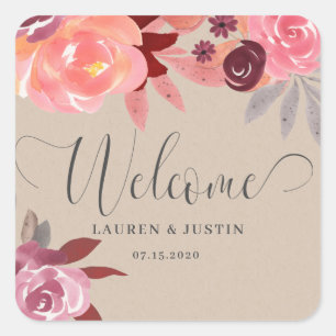 rustic peonies welcome wedding monogram square sticker