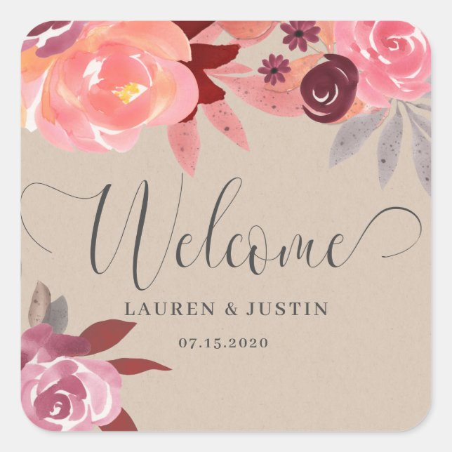 rustic peonies welcome wedding monogram square sticker (Front)
