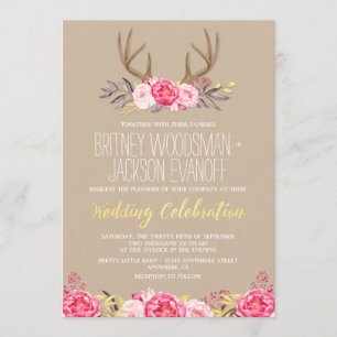 Rustic Peony and Deer Antler Wedding Invitations