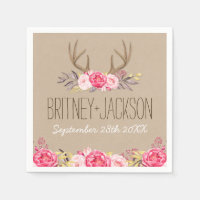 Rustic Peony and Deer Antler Wedding Napkins