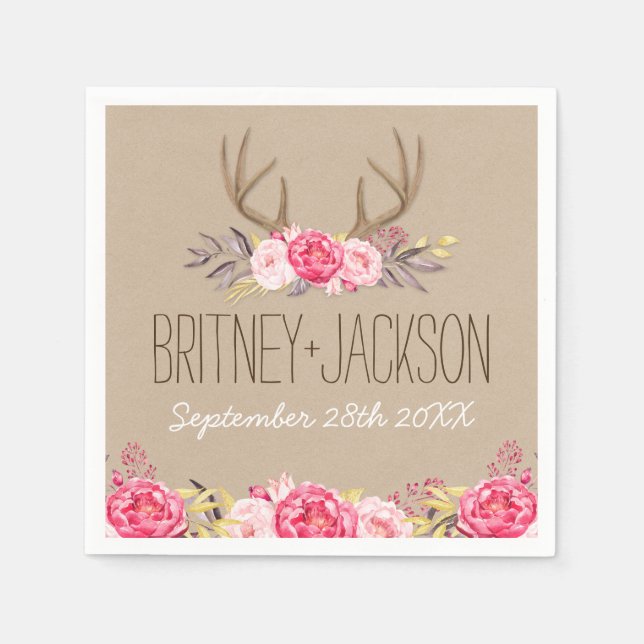 Rustic Peony and Deer Antler Wedding Napkins (Front)