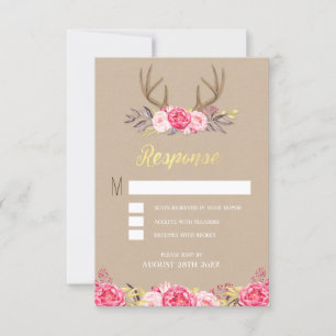 Rustic Peony and Deer Antler Wedding RSVP Cards