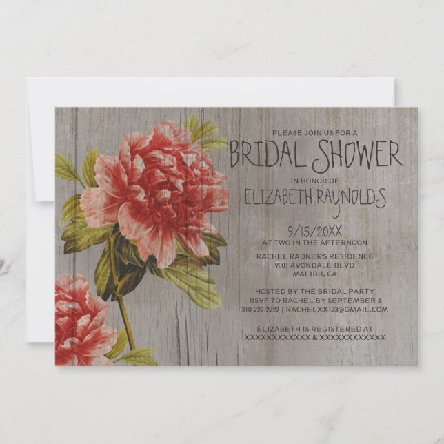 Rustic Peony Bridal Shower Invitations (Front)