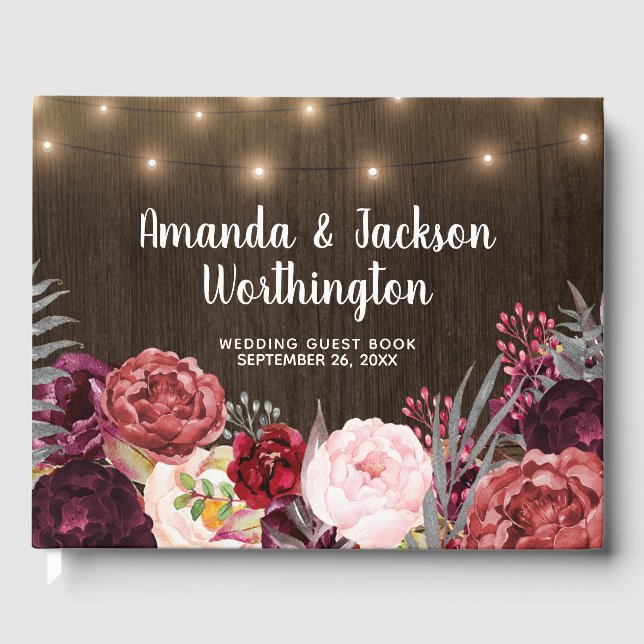 Rustic Peony Country Fall Wood Wedding Guest Book (Front)