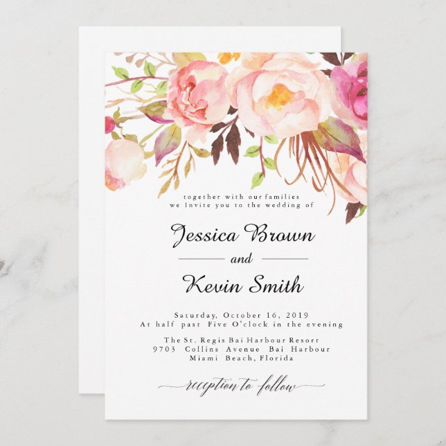 Rustic Peony Floral Wedding Invitation-3 Invitation (Front/Back)