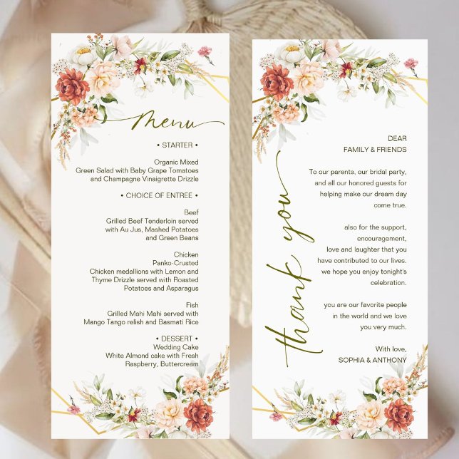 Rustic Peony Rose Terracotta Floral Wedding Menu  (Creator Uploaded)