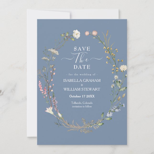 Rustic Periwinkle Boho Wildflower Save The Date Invitation (Front)