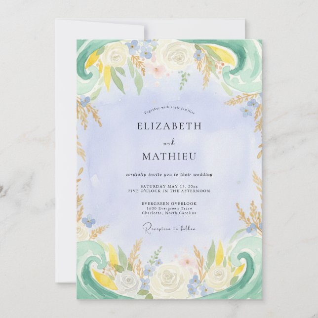Rustic Periwinkle Lemon Painted Wedding Invitation (Front)