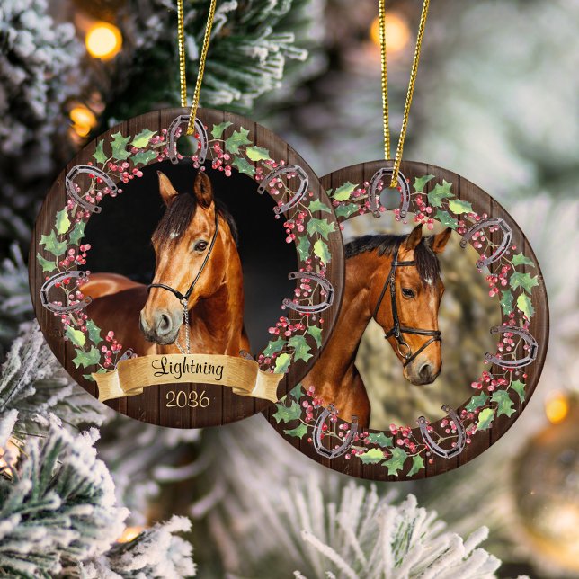 Rustic Personalised 2 Photo Horse Christmas Ceramic Tree Decoration (Creator Uploaded)
